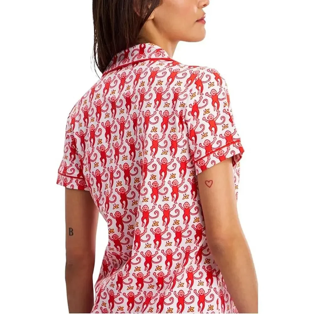 Women Y2k Pajamas Set Cute Preppy 2PCS Button Down Holiday Monkey Shorts Summer - Picture 4 of 5